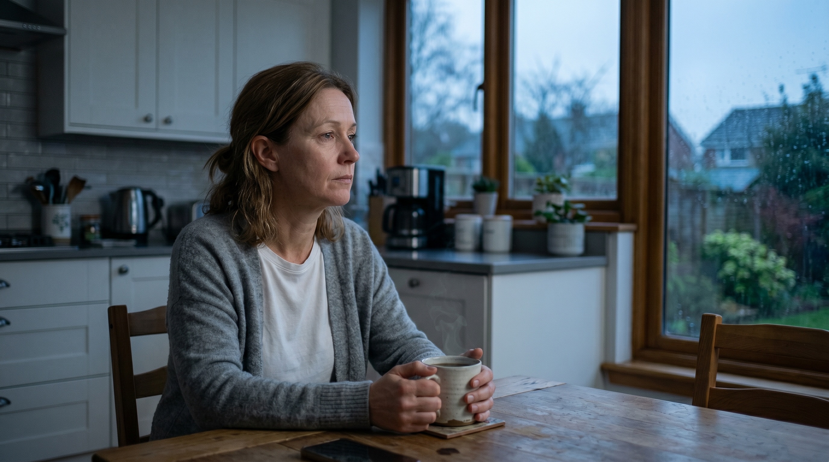 Woman sitting at her kitchen table in the early morning, looking tired and pensive