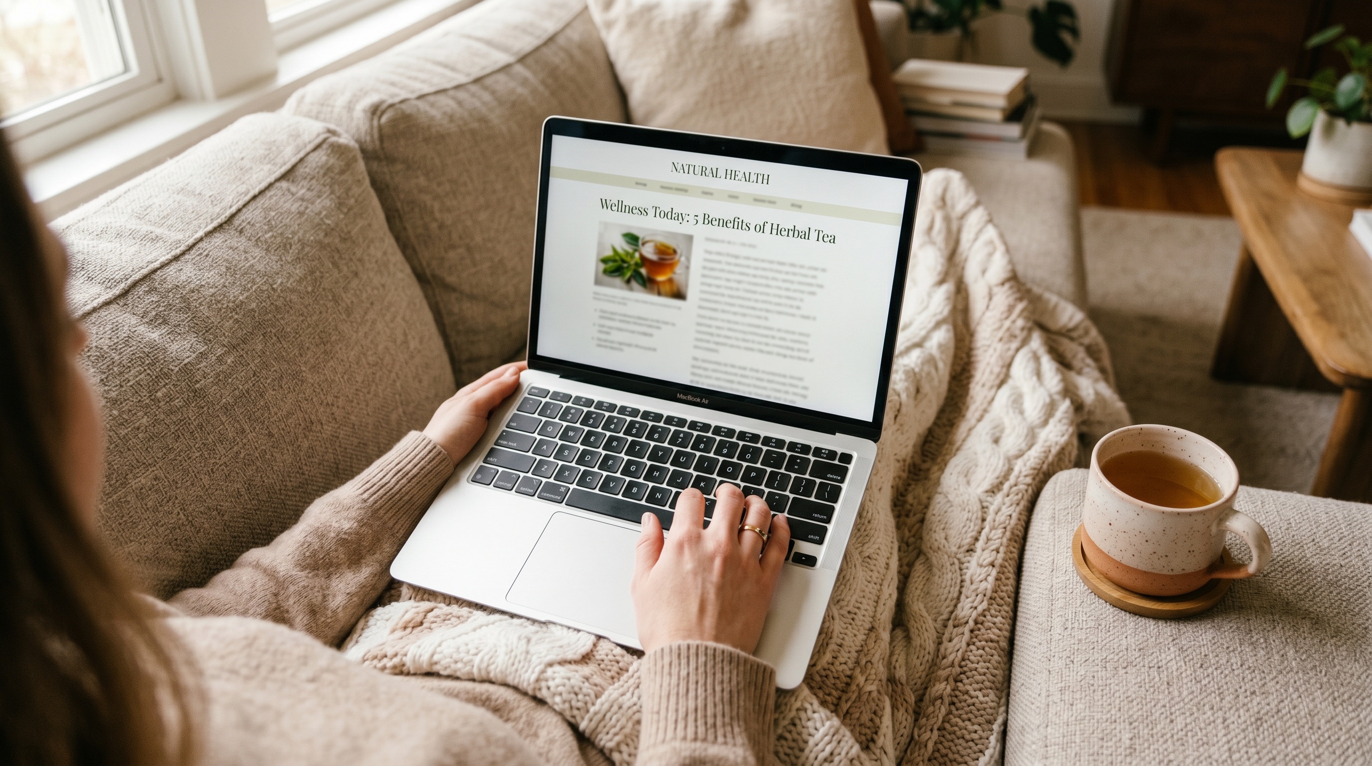 Woman researching health information on her laptop at home