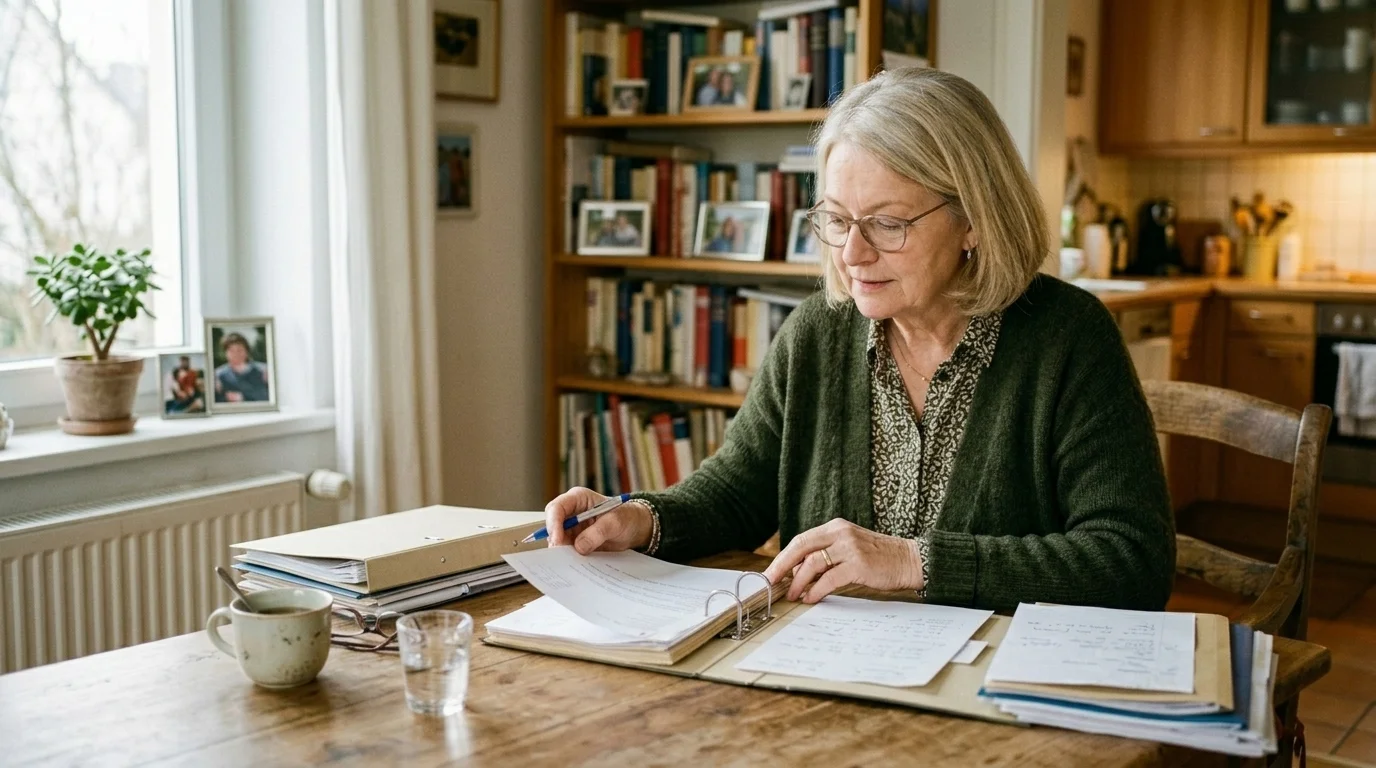 Eine Seniorin sieht am Schreibtisch in Ruhe ihre Unterlagen durch